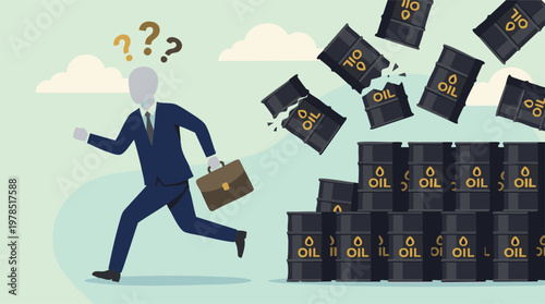 Businessman running from collapsing oil barrels, symbolizing market crisis and uncertainty
