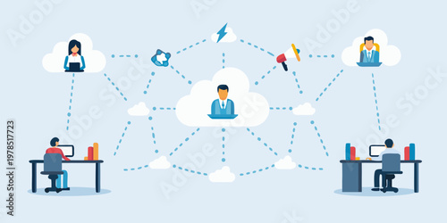 Interconnected people working remotely sharing ideas through a network