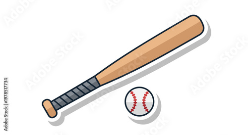 Wooden baseball bat and ball isolated on white background, sports equipment, illustration