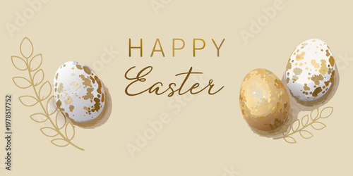 Happy easter greeting with speckled eggs and delicate leaf illustrations