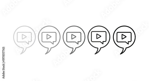 A series of five speech bubble icons containing play symbols showing varying opacity