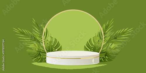Minimalist product display with tropical leaves and a white pedestal