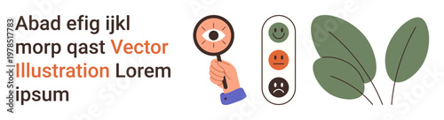 Emotional analysis, research, growth concept, self-awareness, feedback system, environmental . Hand holding a magnifying glass, mood indicators and plant leaves. Emotional analysis and research