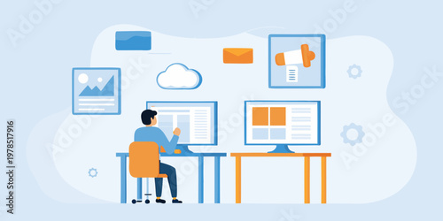 Person working on a computer with digital communication icons surrounding them