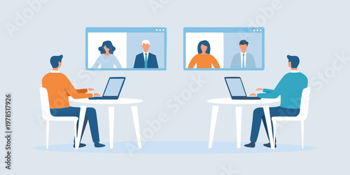 People participating in a video conference call using laptops and screens