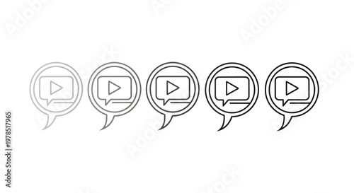 A series of five speech bubble icons each containing a play button symbol