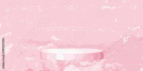 Minimalist pink stage with cylindrical platform and textured backdrop