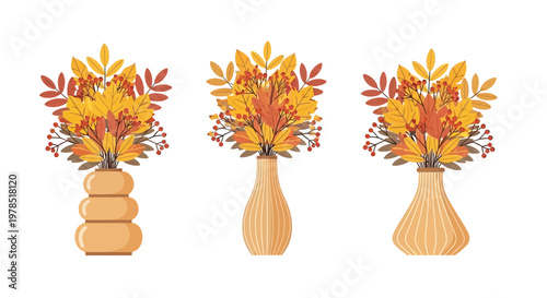 Three autumn bouquets in varying vases showcasing vibrant fall foliage and warm tones