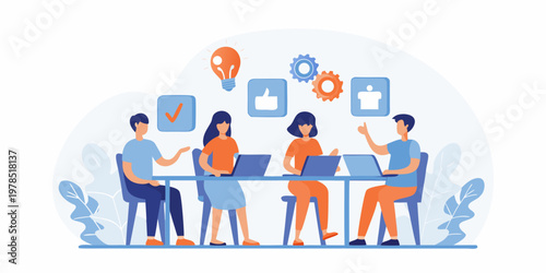 Team collaboration and brainstorming session with modern technology elements