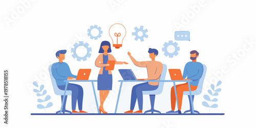 Team collaborates during a meeting brainstorming new ideas and solutions