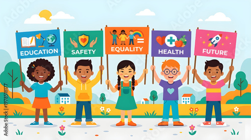 Social Awareness Illustration with Diverse Kids Promoting Equality Unity and Hope