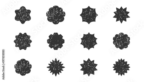 Starburst labels, price tags crayon scribble texture, discount badge set. Sale circle sticker. Wavy, scallop edge promo blank. 