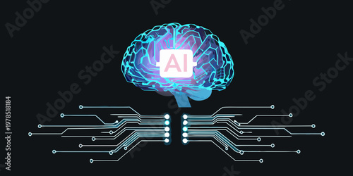 Artificial intelligence concept a glowing brain with circuit connections