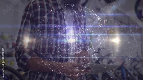 With digital globe floating bike shop manager scanning bicycle inventory for audit noting clipboard