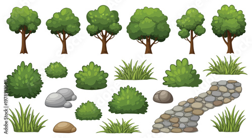 Cartoon nature landscape elements set, 21 green trees and bushes with stone path, organic garden vegetation icons in EPS format