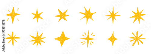 Doodle hand drawn stars crayon sparkles set. Scribble texture freehand childlike chalk or pencil drawing sketch. Celestial elements with rough edge 