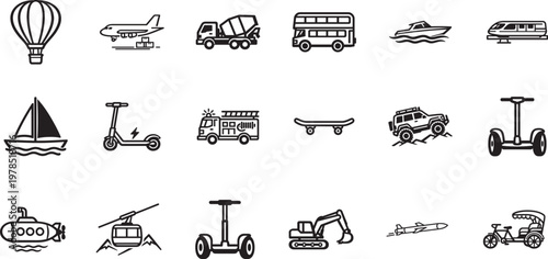 Vehicle transport line icon set with car, plane, ship, train, bike editable stroke vector pack.