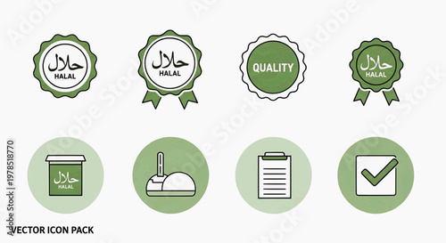 Green halal quality icons with food symbols and checkmarks displayed