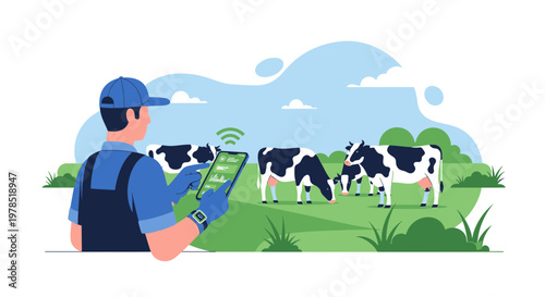 Precision dairy farming illustration showcasing a farmer using technology to monitor cows