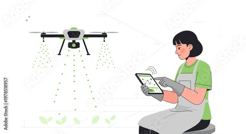 Precision Agriculture: Woman controlling drone for targeted crop spraying with technology