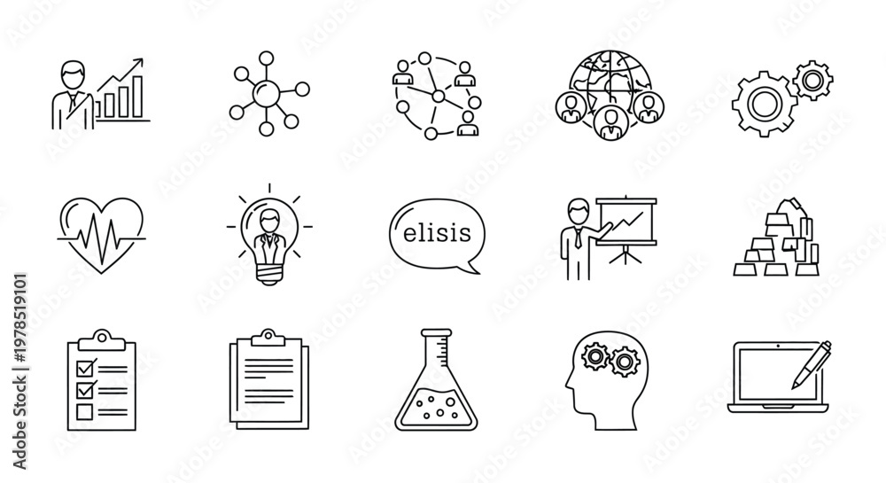 Fototapeta premium A collection of linear icons representing business science technology and human connection concepts