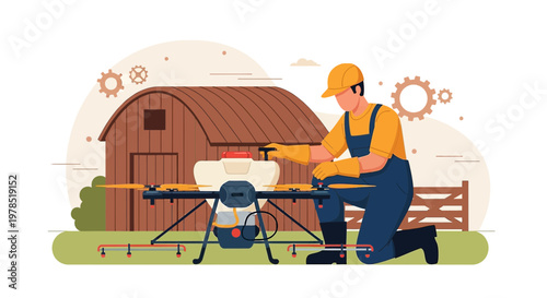 Precision Farming: Modern agricultural technology and agricultural worker using a drone for
