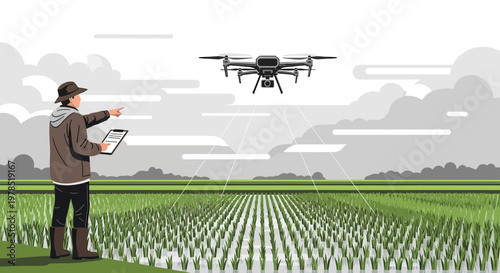 Precision farming: Farmer utilizing drone technology for crop monitoring and agriculture