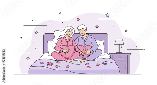 Pregnant Couple Holding Heart Pillows on Bed, Love and Family Concept