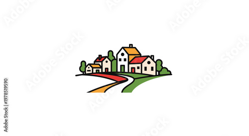 A colorful illustration of houses and trees.