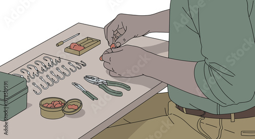 Preparation for angling illustrated man baiting hooks with tools and gear on table