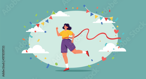 Woman runs towards finish line with celebratory banner and confetti