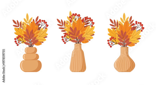 Three autumn bouquets in varying ceramic vases stand against a plain white background displaying fall foliage