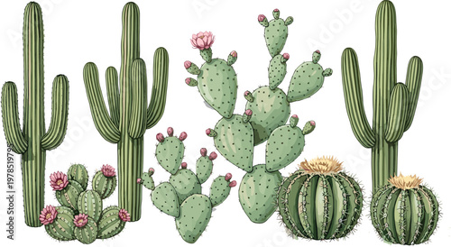Cactus collection with blooming desert plants including saguaro, prickly pear and barrel cactus in detailed botanical vector illustration set