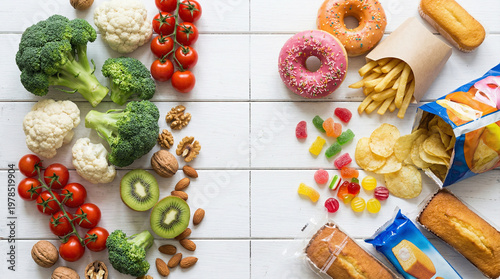 A clear overhead depiction contrasts healthy natural foods like fresh broccoli, cauliflower, tomatoes, kiwi, walnuts, and almonds with unhealthy processed snacks including sugary donuts, golden french