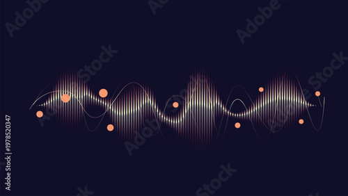A vibrant digital illustration of sound waves and orange dots on a dark blue background