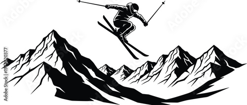 Black and white vector illustration of a professional skier performing a high jump over snowy mountain peaks under a clear winter sky background.