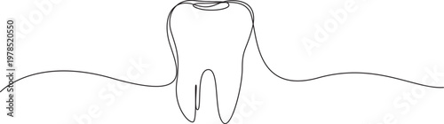 tooth on a white background continuous one line art vectors illustration, Continuous line drawing of human teeth with one showing signs of dental decay or cavity. Vector
