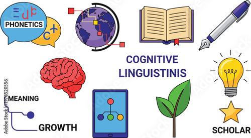 Cognitive Linguistics, Phonetics, Scholar, and Growth Icons for Education, Language Learning, and Knowledge Development in Digital Media, Websites, and Apps
