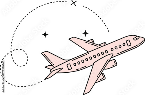 Cute pink commercial airplane illustration flying along a dashed path line with sparkling stars representing air travel journey vacation flight routes and fun aviation tourism adventures.