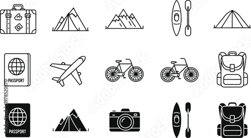 Comprehensive set of travel and outdoor adventure line icons featuring airplane passport mountain camping tent bicycle backpack kayak and camera for tourism and exploration industry.
