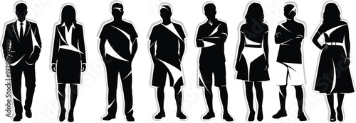 Diverse set of professional and casual people silhouettes including business man in suit woman in dress and teenagers standing for community group collection.