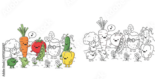  Cute Cartoon Vegetable Characters Set with Coloring Page for Kids Education Featuring Carrot Tomato Broccoli and Potato