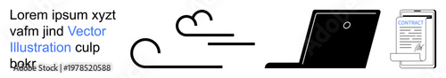 Technology, business contracts, digital work, online communication, modern documentation, remote work. Simple black laptop, lines implying wind and a contract document. Technology and business