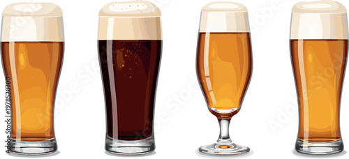 Variety of Beer Glasses with Different Foams and Colors Illustration