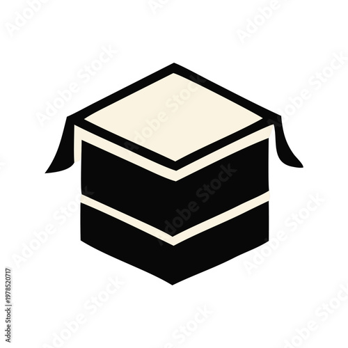 Abstract geometric representation of a cube with draped fabric or paper on top, rendered in a minimalist black and beige color scheme