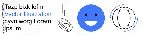 Globalization, currency exchange, communication, social media, happiness, worldwide connection. A smiling face, globe arrows coin. Globalization and currency exchange