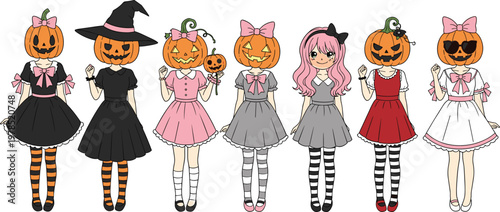 Set of cute anime girl characters in pumpkin head costumes and festive autumn dresses for Halloween seasonal celebrations and holiday party graphic design assets.