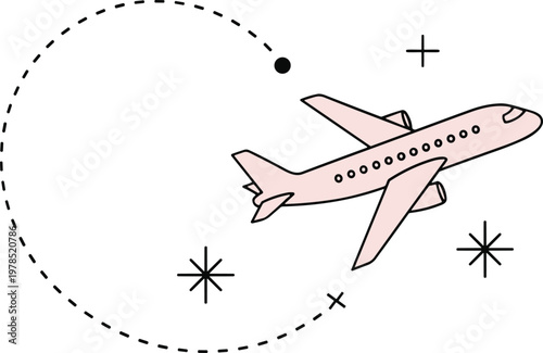 Simple pink airplane vector illustration flying along a curved dashed flight path with decorative stars and crosses representing global travel routes and summer vacation adventures.