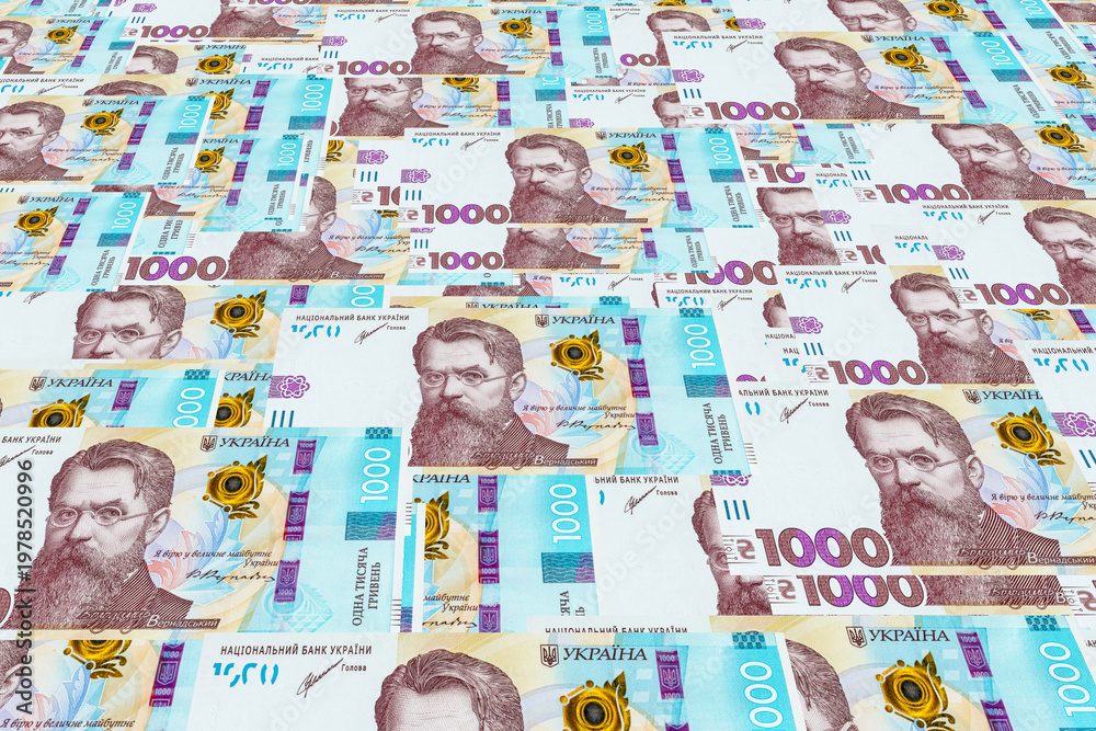 Obraz premium Banknote of 1000 hryvnias of Ukraine, fragment of elements for design. Money of Europe and Ukraine.