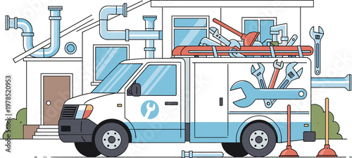 Professional plumbing service van with tools and pipes on the roof.